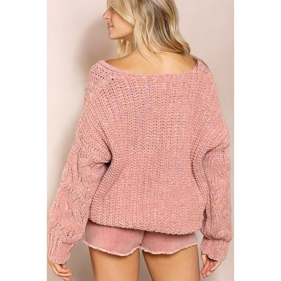 POL Dusty Pink Color Blend V Neck Chenille Sweater with Cable Knit Sleeves - Picture 6 of 8